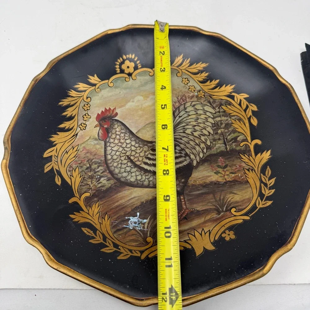Vintage Rooster Decorative Display Plate Black Gold Scalloped Edge 12 Inch Stand